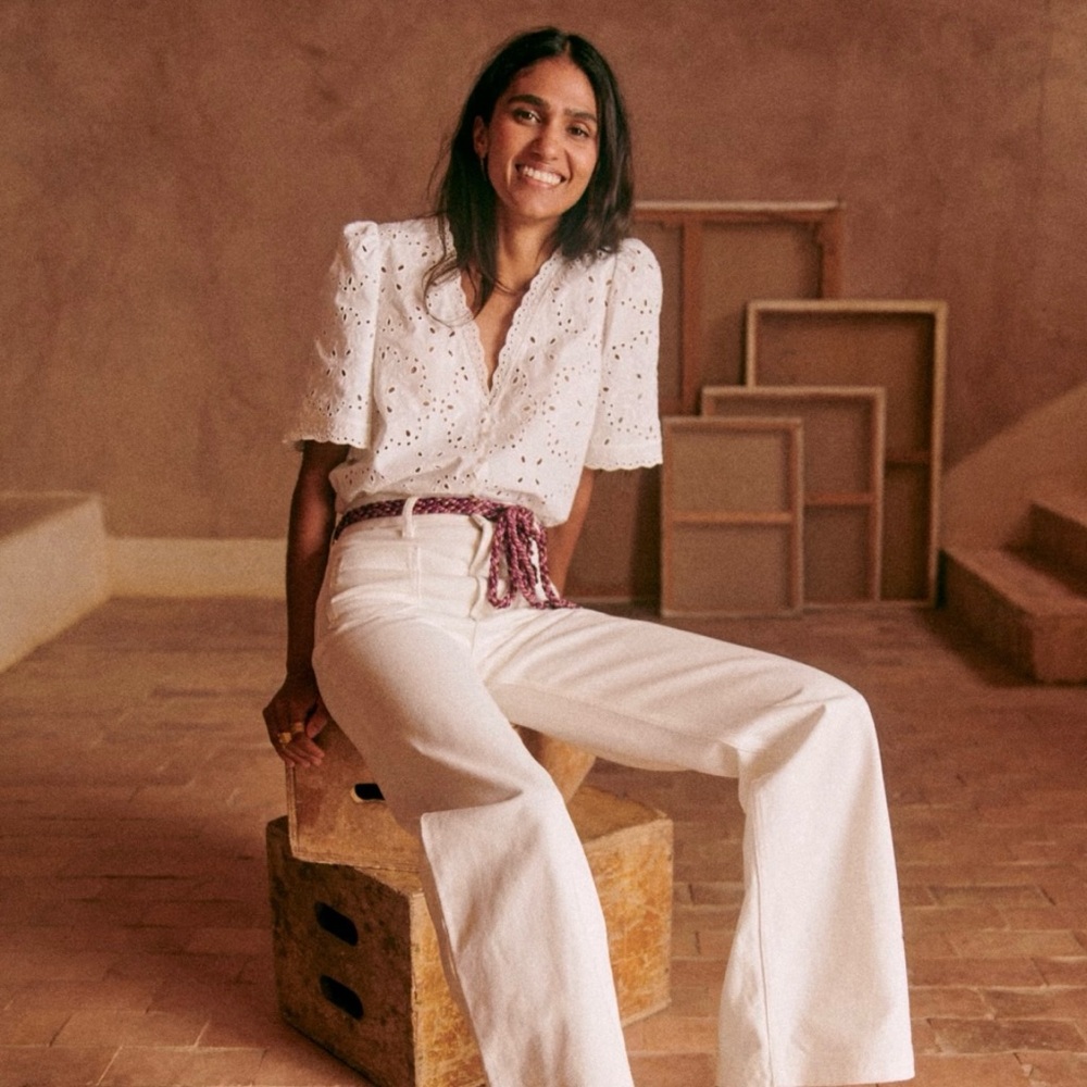 Sezane White Eyelet Lace V-Neck Shirt - Picture 3 of 11